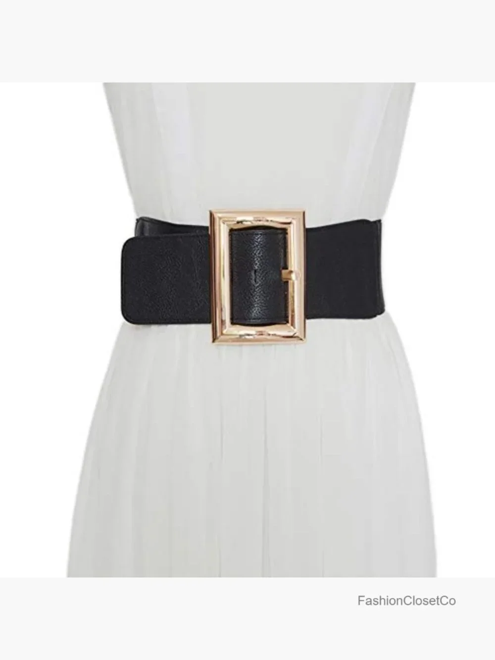Women Wide Elastic Dress Belt Stretch Waist Cinch Belt Vintage PU Leather Buckle